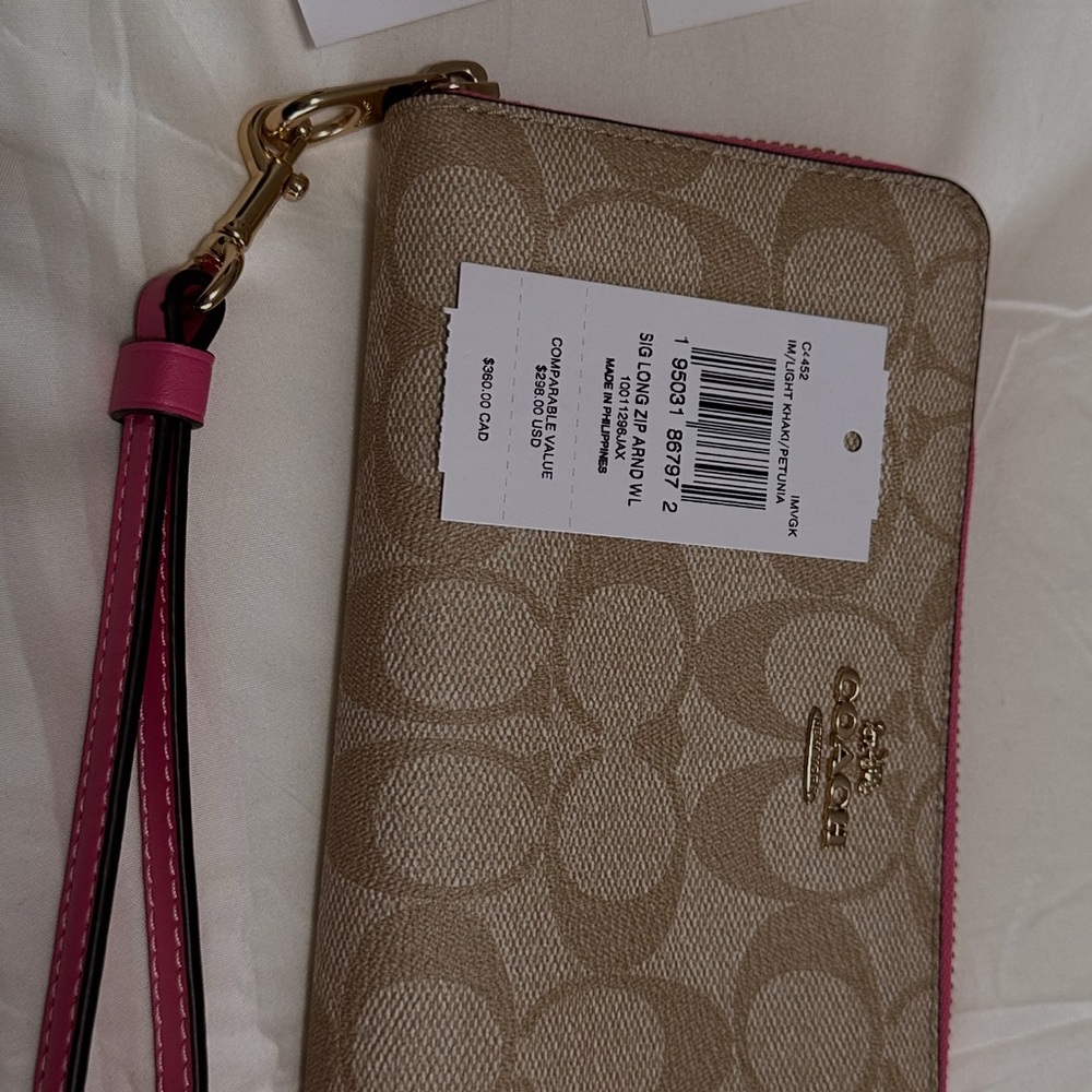 Coach Signature Tan and Pink Wristlet